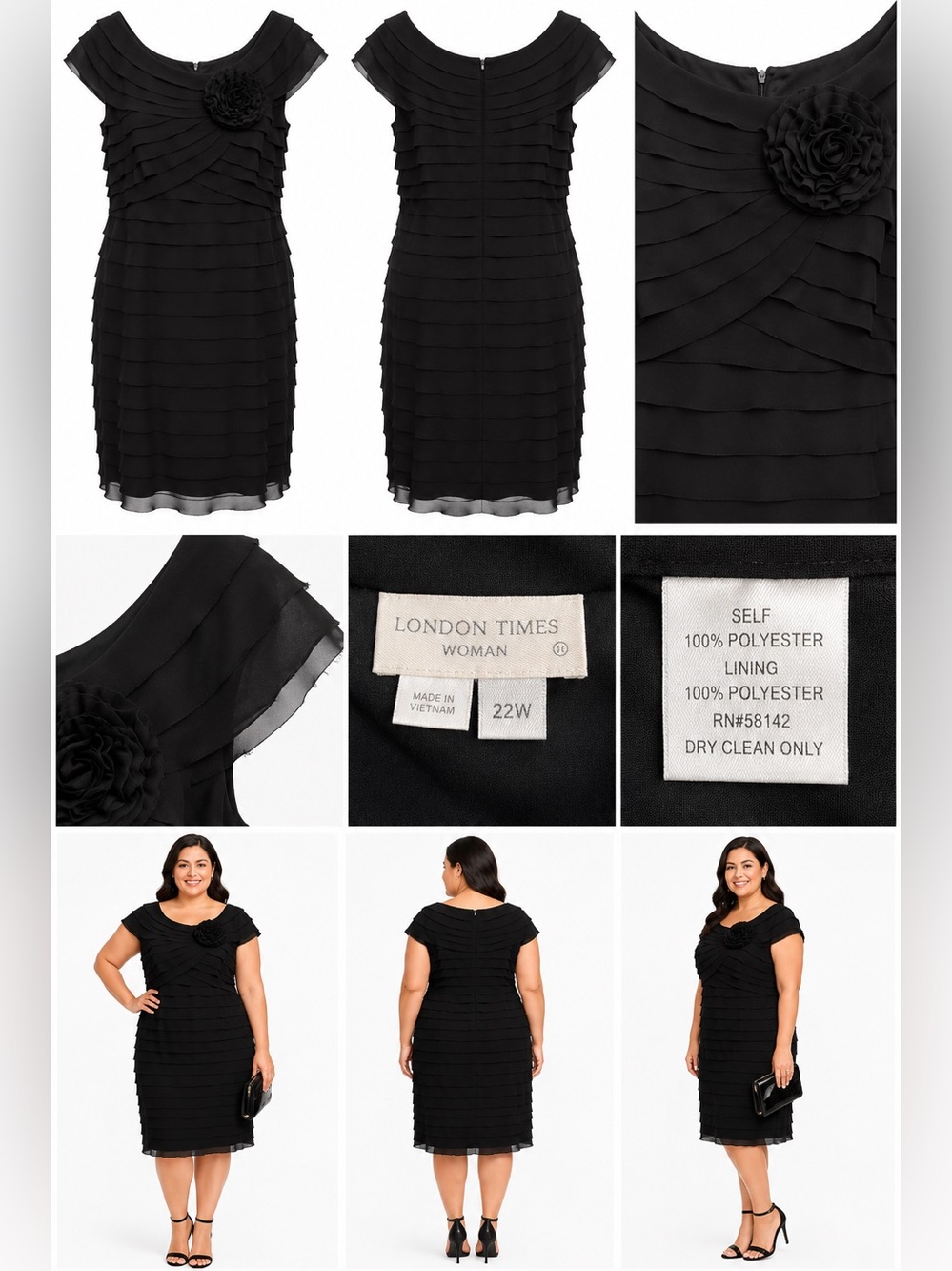 London Times Black Tiered Ruffle Cocktail wedding Dress 22